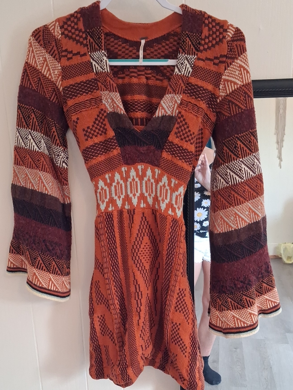 Free People Like New Rust Orange and Burgundy Geometric Tie-back  Knit Dress